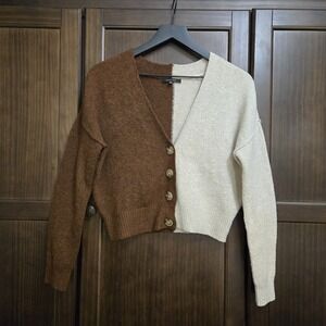 Love Tree Cropped Cardigan Sweater Color Block Brown Tan Soft Bold V Neck Small